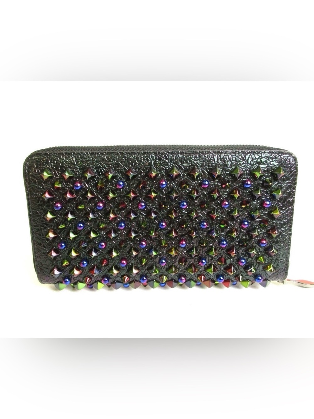 Christian Louboutin Black Zip Wallet with Iridescent Multicolor Studs
